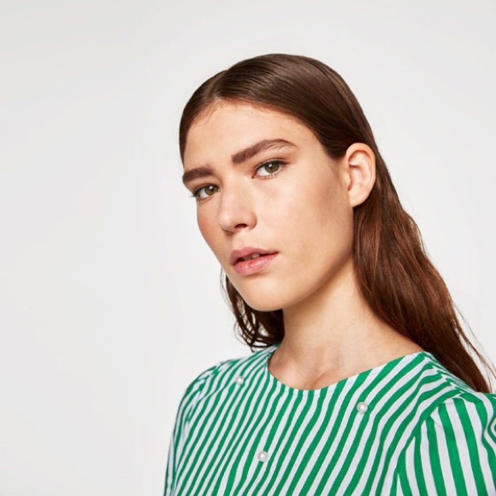 NWOT Zara Striped Poplin Pearl Bell Sleeve Blouse - Picture 5 of 6